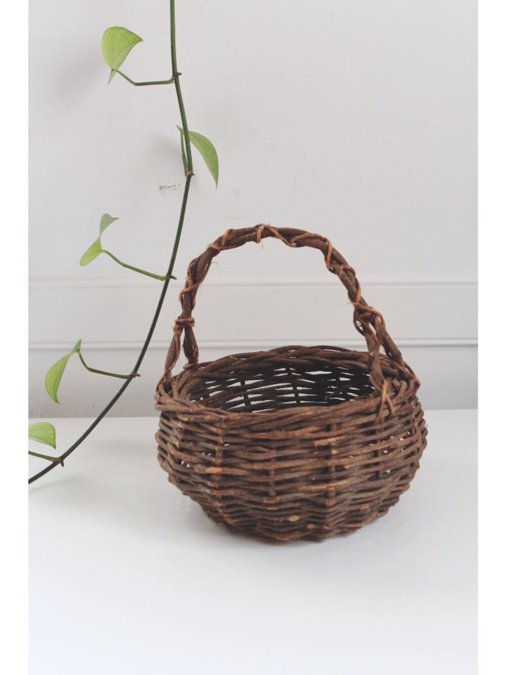 Vintage Hand-Woven Wicker Basket With Handle - Twig Construction, Rustic Farmhou